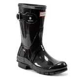 Black glossy rubber rain boot with a buckle and a label that reads \“Hunter\“.