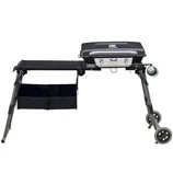 A portable gas grill with a folding design featuring two burners, a side shelf, and storage pockets underneath, mounted on wheels for easy transport.