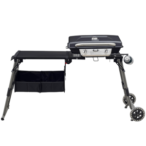 A portable gas grill with a folding design featuring two burners, a side shelf, and storage pockets underneath, mounted on wheels for easy transport.