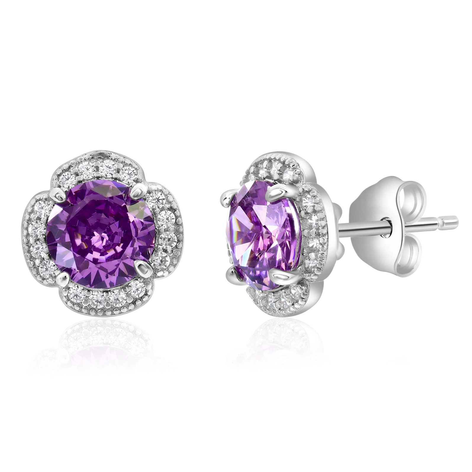 Silver and amethyst halo studs feature a round, purple amethyst center stone surrounded by a halo of small, clear gemstones set in a silver four-prong setting.