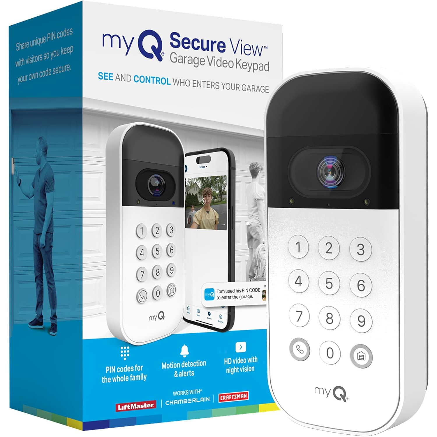 myQ Secure View Garage Video Keypad allows remote monitoring and control of garage access, featuring PIN codes, motion detection alerts, and HD video with night vision. Collaborates with LiftMaster, Chamberlain, and Craftsman.