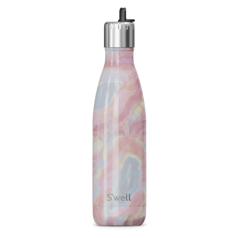 17oz S'well Bottle with a glossy finish features a pastel agate-inspired design and a stainless steel lid with a flip spout.