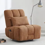 A brown upholstered recliner chair with a cushioned seat and backrest, featuring a side pocket and an adjustable neck pillow. A floor lamp is positioned nearby.