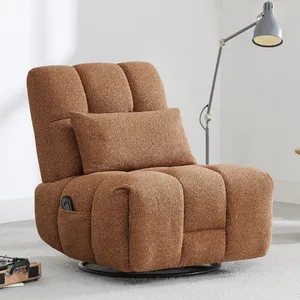 A brown upholstered recliner chair with a cushioned seat and backrest, featuring a side pocket and an adjustable neck pillow. A floor lamp is positioned nearby.
