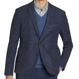 A navy houndstooth sportcoat with a two-button front, notch lapel, and welt pockets, layered over a blue sweater and light gray shirt.