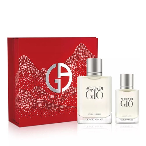 Giorgio Armani Acqua di Gio Cologne Gift Set includes two bottles of Eau de Toilette housed in a red box with a silver GA logo. The set offers a fresh, aquatic fragrance.