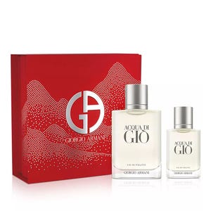 Giorgio Armani Acqua di Gio Cologne Gift Set includes two bottles of Eau de Toilette housed in a red box with a silver GA logo. The set offers a fresh, aquatic fragrance.
