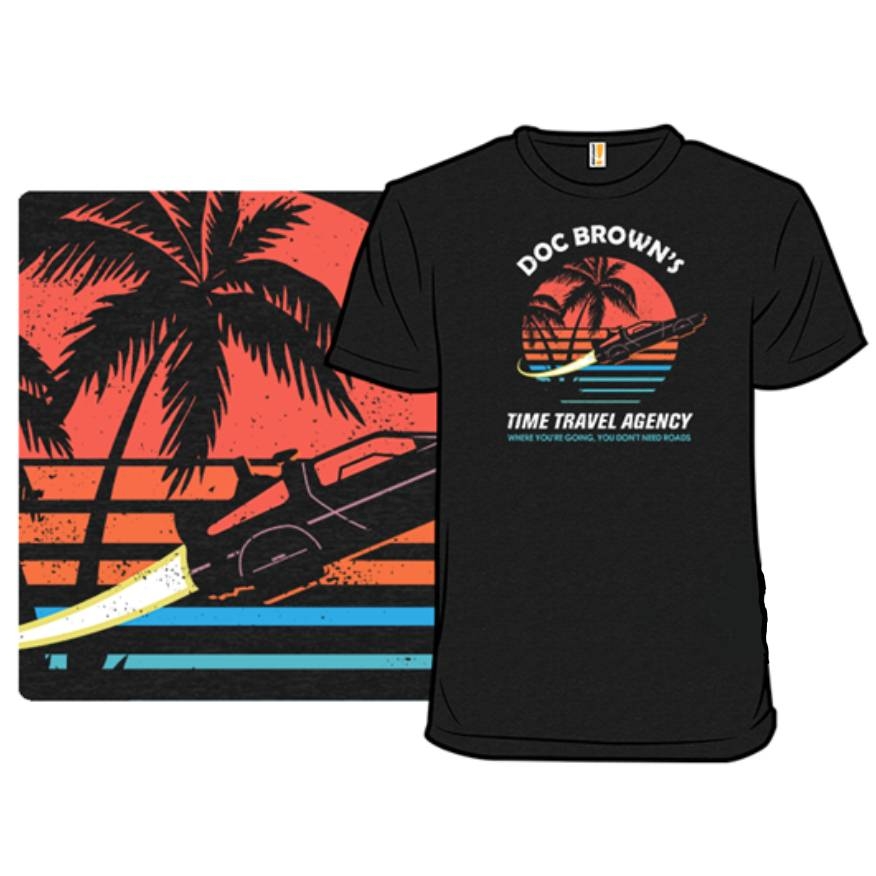 Black T-shirt featuring a retro-style graphic of a flying car, palm trees, and sunset, with the text \“Doc Brown's Time Travel Agency\“ and the quote \“Where you're going, you don't need roads.\“