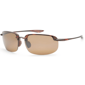 Rectangular rimless sunglasses with brown lenses, thin metal frame, and tortoiseshell-patterned arms.