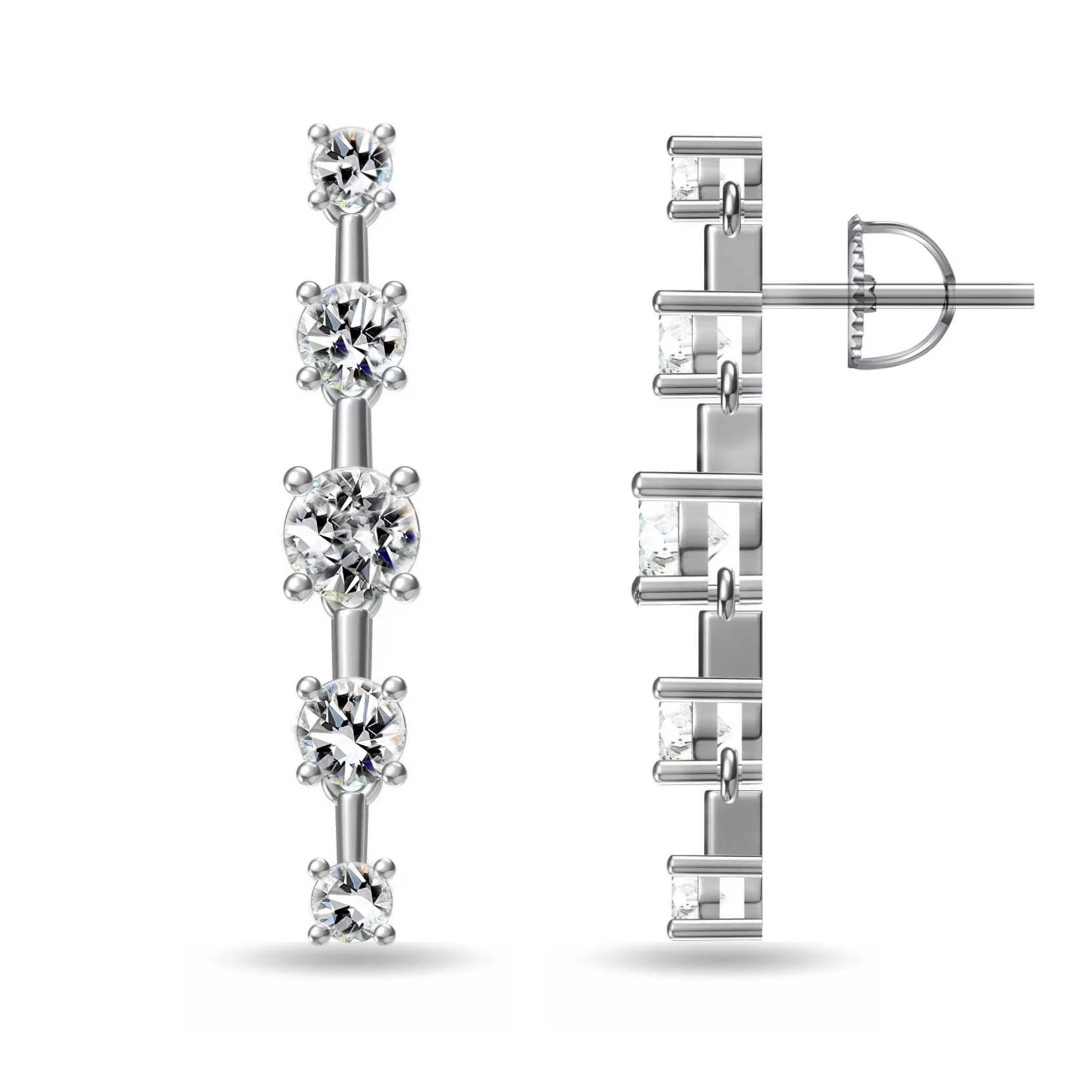 A pair of silver earrings with a vertical design featuring a row of five sparkling round-cut stones set in prongs, showcasing both front and side views.