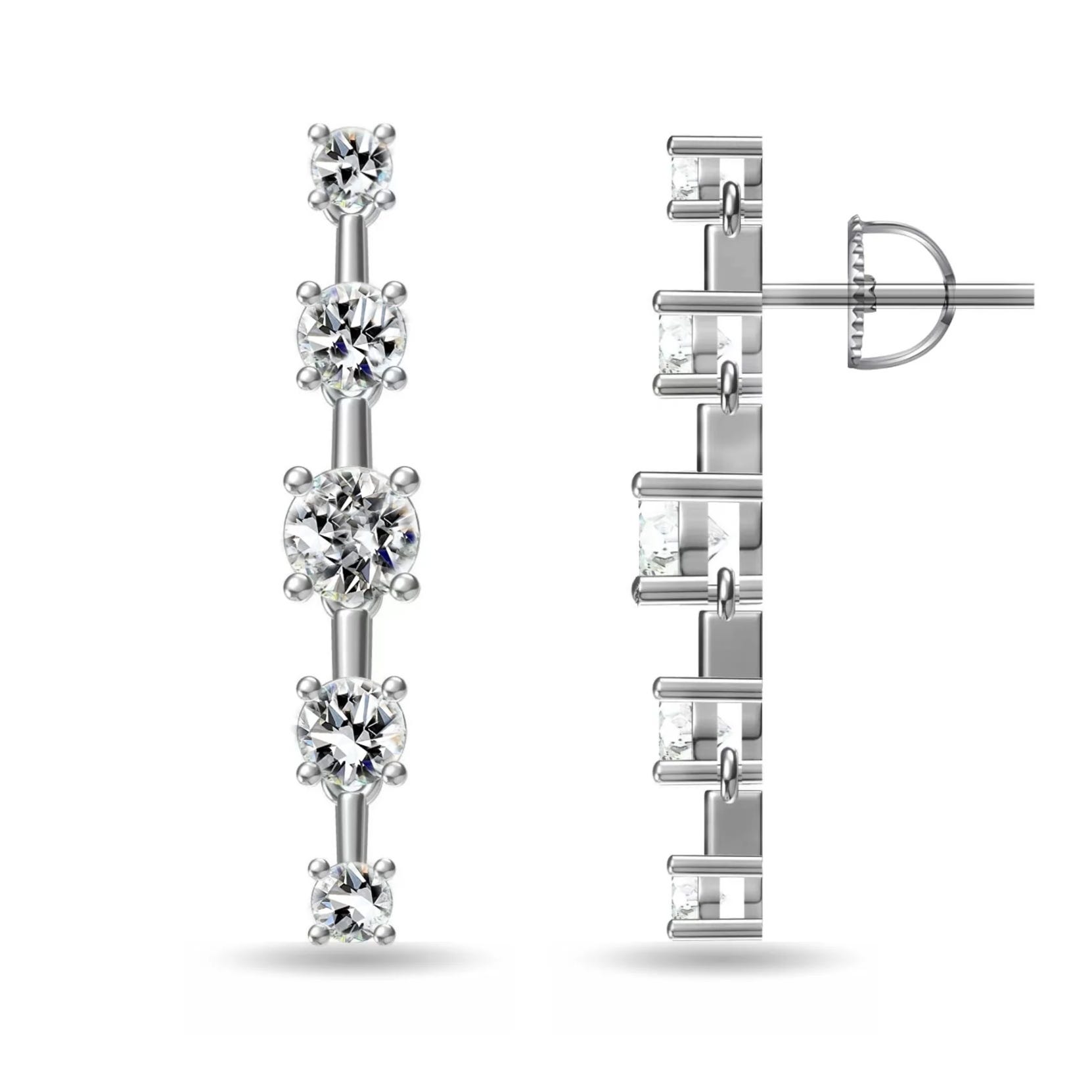 A pair of silver earrings with a vertical design featuring a row of five sparkling round-cut stones set in prongs, showcasing both front and side views.