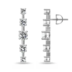 A pair of silver earrings with a vertical design featuring a row of five sparkling round-cut stones set in prongs, showcasing both front and side views.