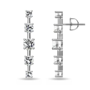 A pair of silver earrings with a vertical design featuring a row of five sparkling round-cut stones set in prongs, showcasing both front and side views.