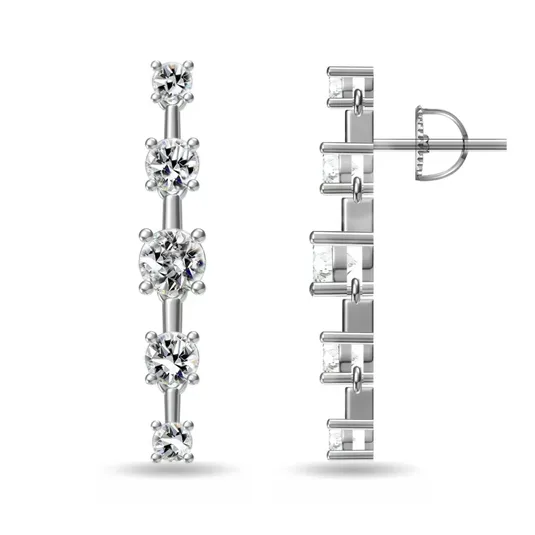 A pair of silver earrings with a vertical design featuring a row of five sparkling round-cut stones set in prongs, showcasing both front and side views.