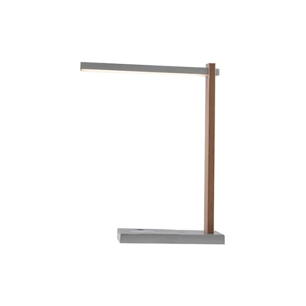 A modern desk lamp featuring a minimalist design with a slim horizontal light bar and a wooden vertical support on a rectangular base.