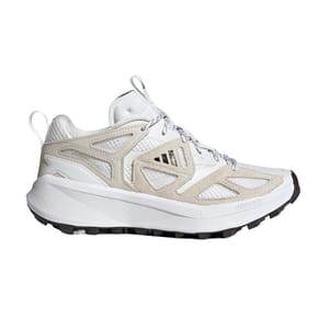 Adidas outdoor trail shoes in white and beige with mesh and suede overlays, featuring a robust sole with a lug pattern for traction and LIGHTSTRIKE cushioning.