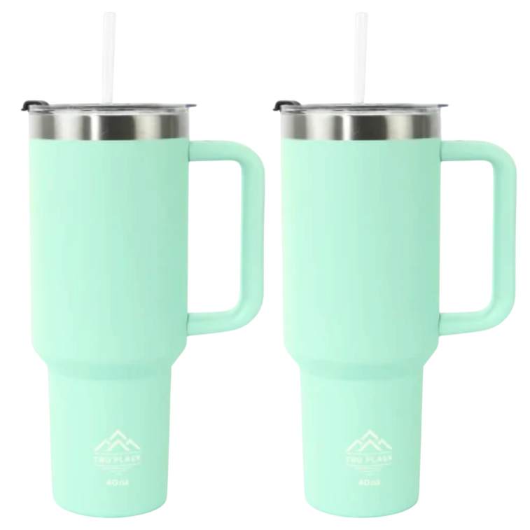 Two mint green insulated tumblers with handles, stainless steel lids, and straws, each with a 40 oz capacity.