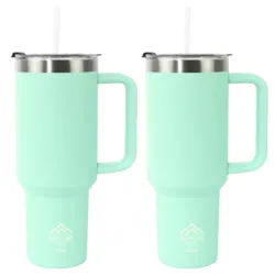 Two mint green insulated tumblers with handles, stainless steel lids, and straws, each with a 40 oz capacity.