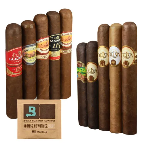 A collection of La Aurora and Oliva cigars featuring various blends, accompanied by a Boveda 2-way humidity control pack.