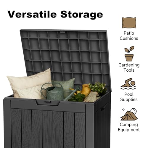 Black outdoor storage box with an open lid showing items like patio cushions and gardening tools. Icons suggest uses for storing patio cushions, gardening tools, pool supplies, and camping equipment.