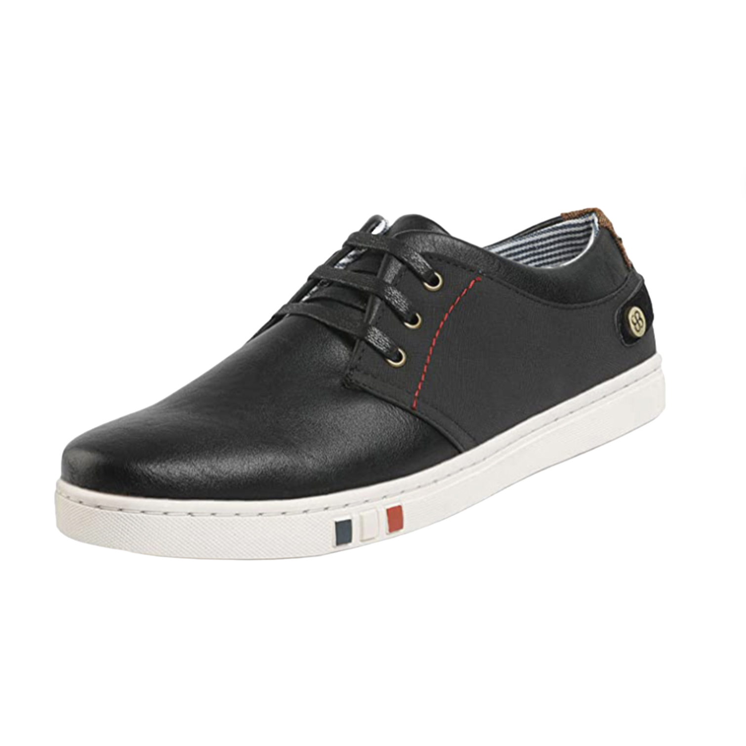 A black casual lace-up sneaker with a white sole and subtle red stitching detail.