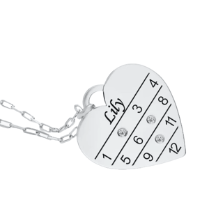 Heart-shaped pendant with a grid numbered 1-12, featuring rhinestones on numbers 3, 7, and 9, and the name \“Lily\“ engraved above.