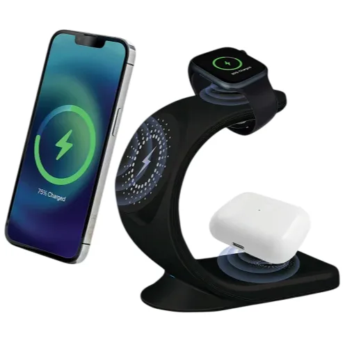 A wireless charging station supports simultaneous charging for a smartphone, smartwatch, and earbuds, featuring a curved design for cradling each device securely.