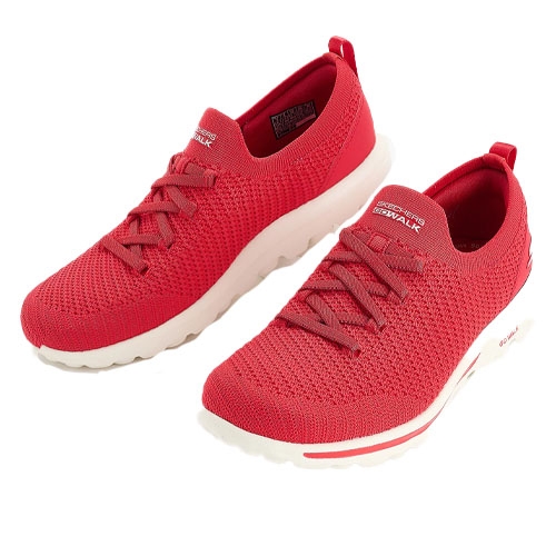 A pair of red slip-on athletic shoes with knitted mesh uppers, white soles, and elastic laces.