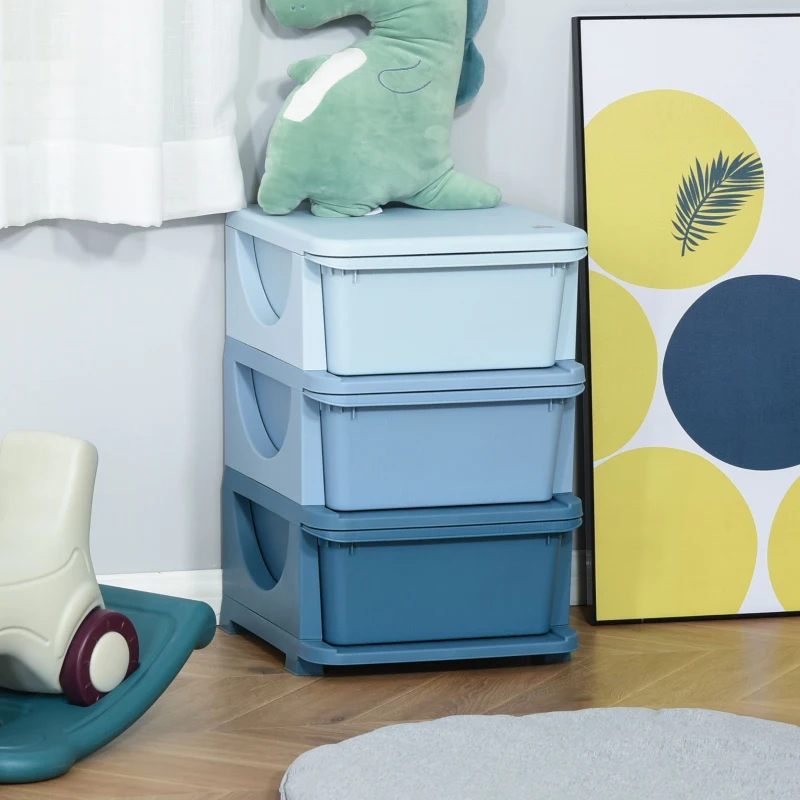 Stacked blue storage containers topped with a green dinosaur plush, next to a colorful abstract art piece, on a wooden floor with a rocking toy and cushion nearby.
