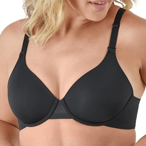 Bali Smoothing T-Shirt Underwire Bra in black, features seamless cups and adjustable straps for a smooth, comfortable fit.