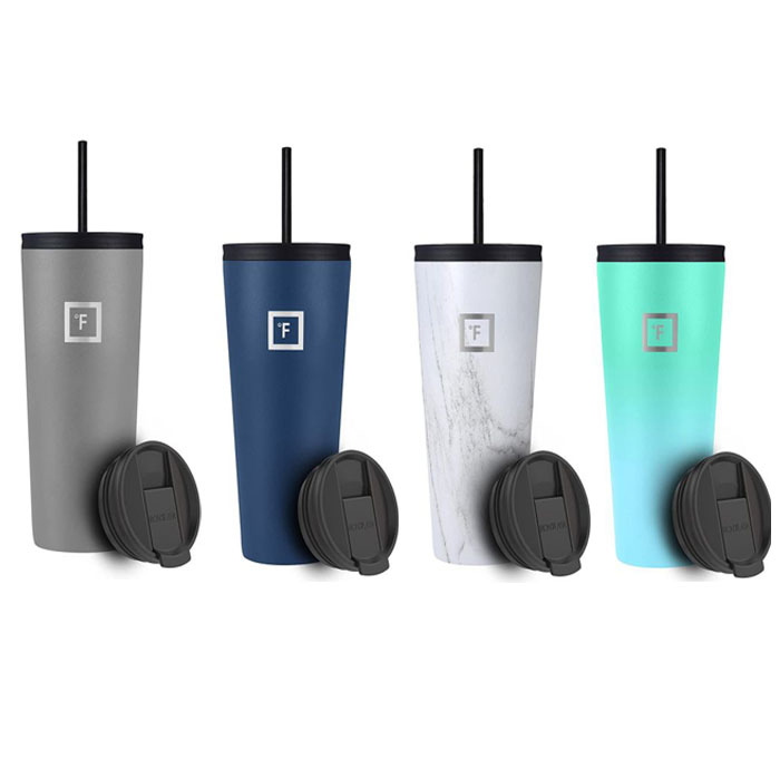 Four 32oz tumblers with straws in gray, blue, white marble, and teal, each with a black lid and straw, featuring a minimalistic logo.