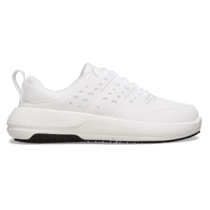 White Crocs Work Sneakers with a sleek design, featuring perforations on the sides for breathability, a cushioned sole for comfort, and a black tread for grip.