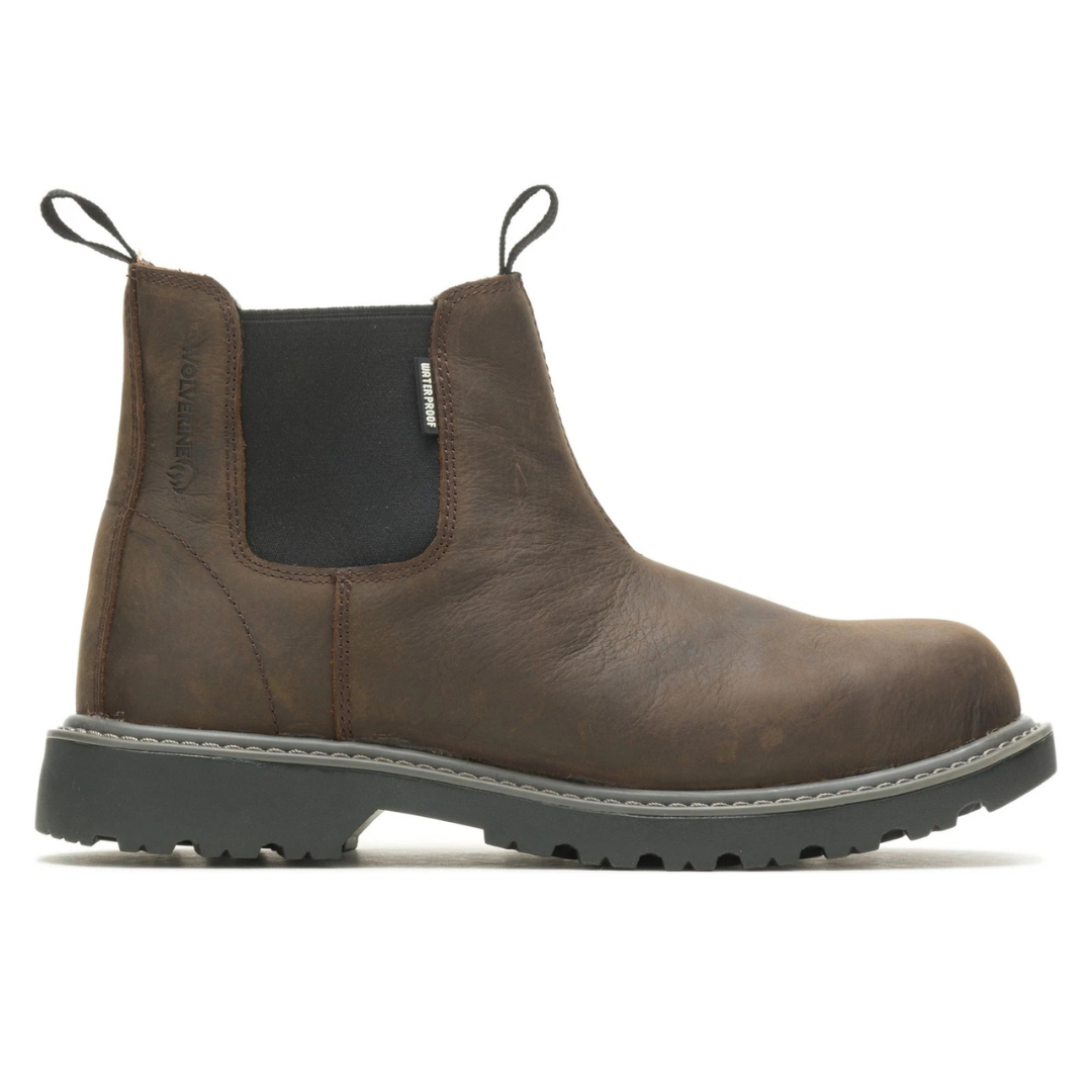 Brown leather slip-on boot with elastic side panels, pull tabs, lug sole, and waterproof label; designed for durability and comfort.