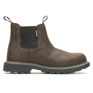 Brown leather slip-on boot with elastic side panels, pull tabs, lug sole, and waterproof label; designed for durability and comfort.