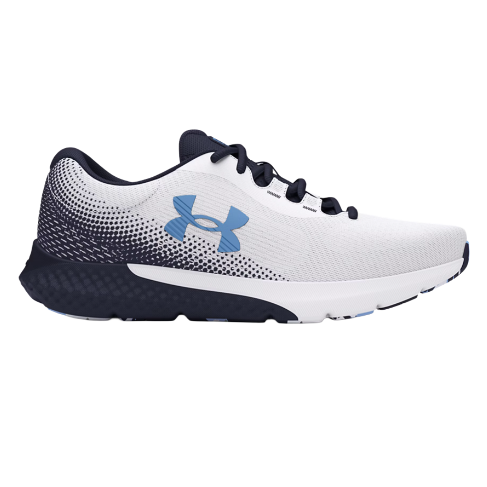 Under Armour athletic shoe, featuring a white and navy blue design with a gradient dot pattern and blue logo.