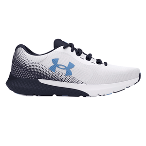 Under Armour athletic shoe, featuring a white and navy blue design with a gradient dot pattern and blue logo.