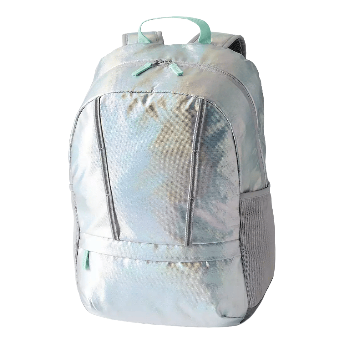 A metallic or holographic backpack with a main compartment, front pocket, side pockets, and top carry handle. The zippers and trim are accented with light green details.