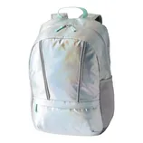 A metallic or holographic backpack with a main compartment, front pocket, side pockets, and top carry handle. The zippers and trim are accented with light green details.
