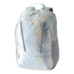 A metallic or holographic backpack with a main compartment, front pocket, side pockets, and top carry handle. The zippers and trim are accented with light green details.