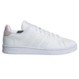 White Adidas sneaker with perforated stripes and pink detail on the heel.