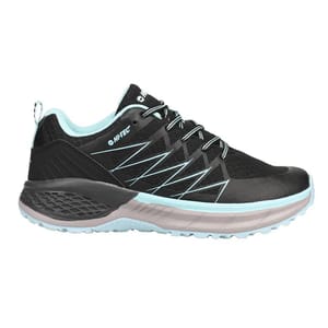 Black and light blue athletic shoe with a rugged sole and patterned design, featuring \“HI-TEC\“ branding on the side.