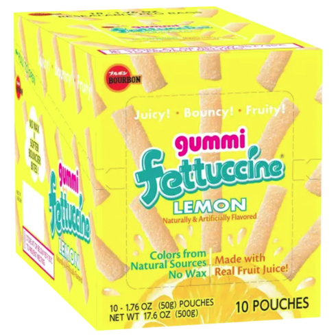 Gummi Fettuccine Lemon, featuring 10 pouches, offers naturally and artificially flavored gummy candy made with real fruit juice and no wax.