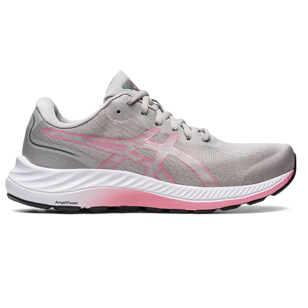 ASICS Gel-Excite 9 shoes feature a gray mesh upper with pink accents and the signature ASICS logo. They have a cushioned white and pink midsole with \“AmpliFoam\“ technology for comfort and black outsole for traction.