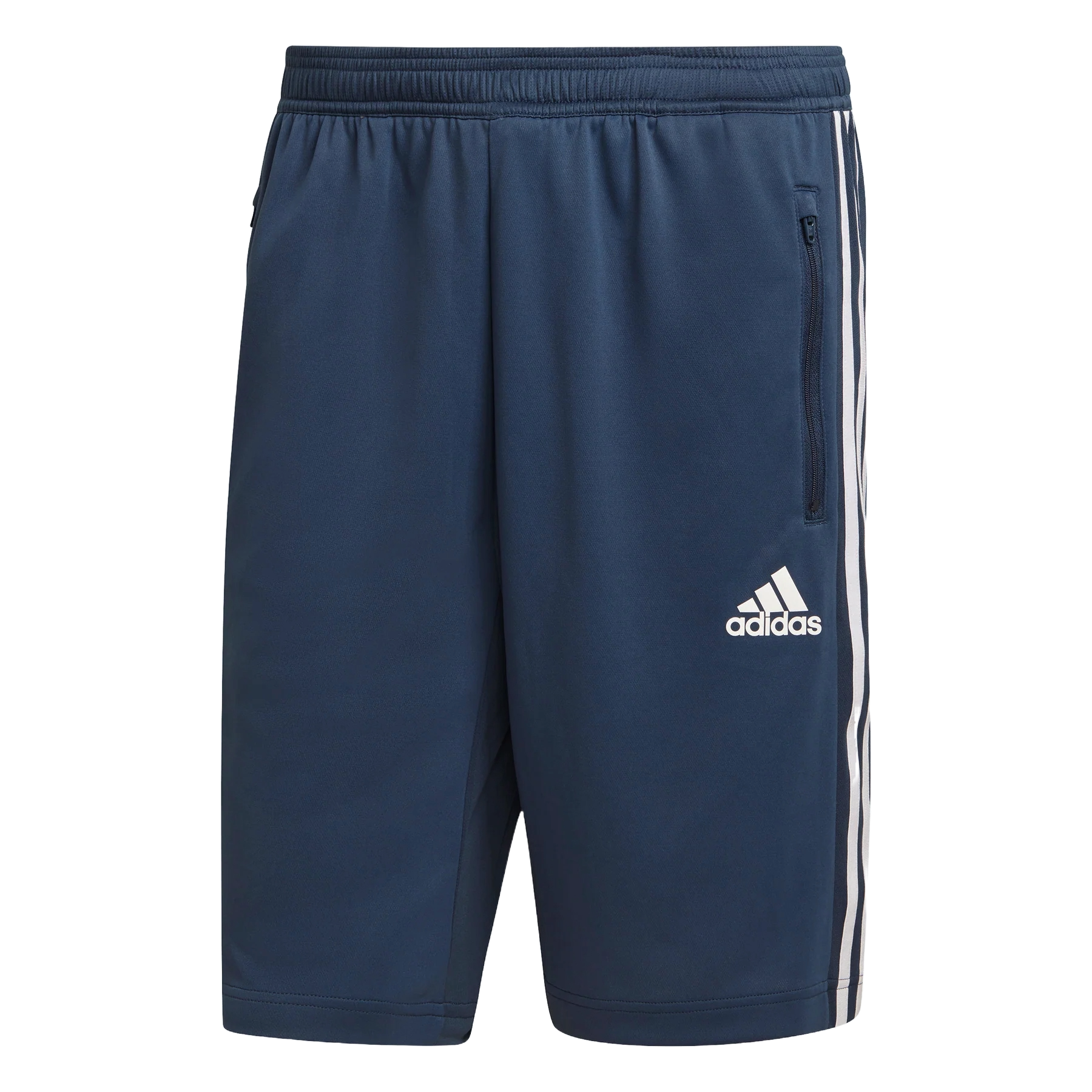Navy Adidas men's shorts featuring the iconic three white stripes on the sides, an elastic waistband, zippered side pockets, and the Adidas logo on the front.