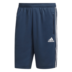 Navy Adidas men's shorts featuring the iconic three white stripes on the sides, an elastic waistband, zippered side pockets, and the Adidas logo on the front.