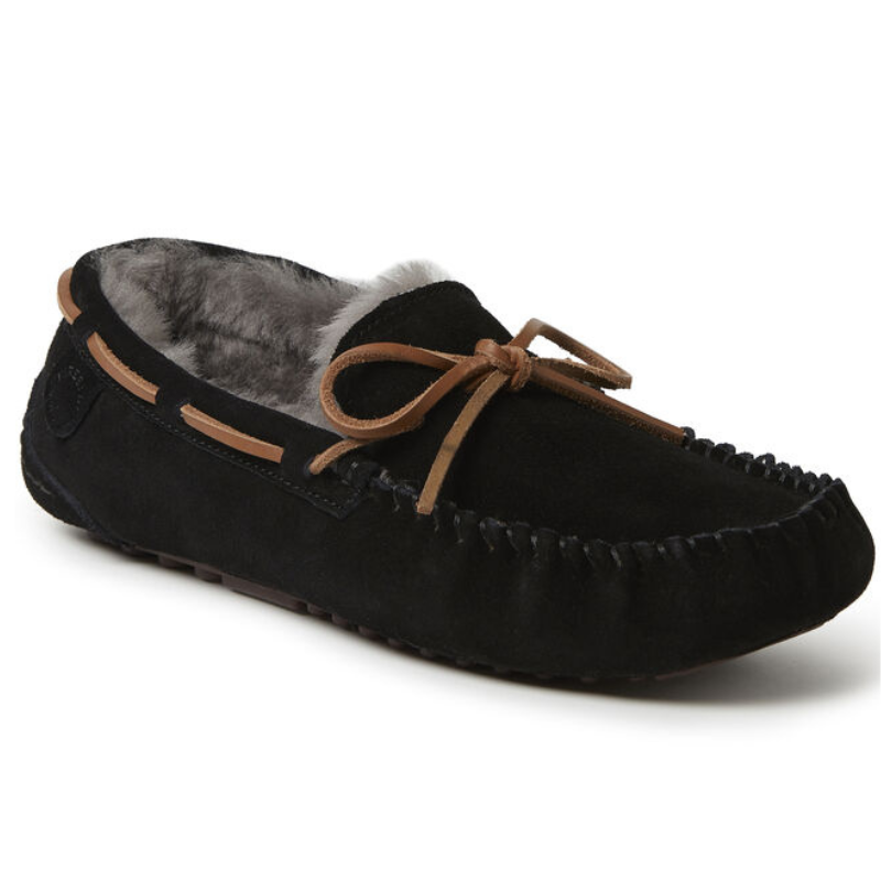 Black moccasin-style slipper with a fuzzy gray interior lining and brown lace detail on top.
