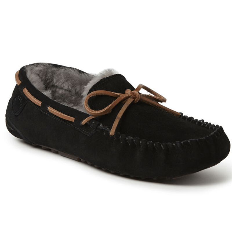 Black moccasin-style slipper with a fuzzy gray interior lining and brown lace detail on top.