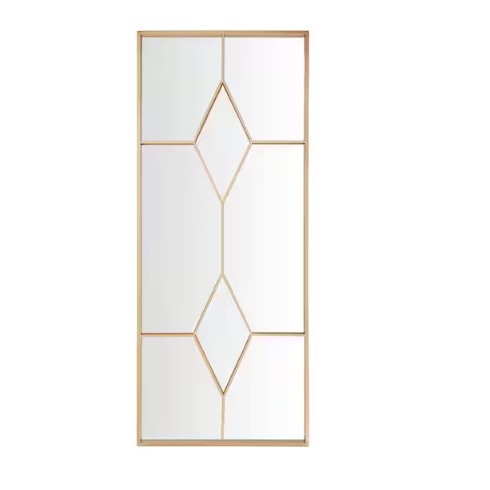 A rectangular wall mirror with a geometric design, featuring diamond-shaped sections and a thin, gold frame.