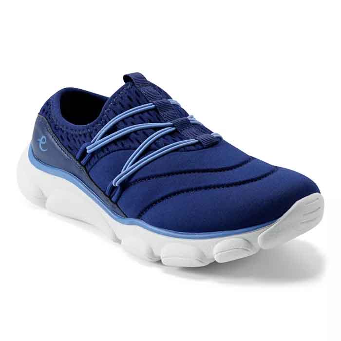 Blue mule sneaker with elastic laces, featuring a chunky white sole and a sleek, slip-on design for casual wear.
