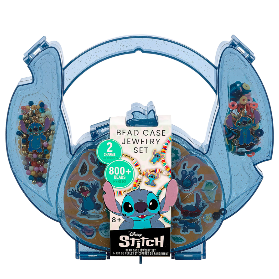 Disney Stitch Bead Case Jewelry Set includes over 800 beads and 2 charms, suitable for ages 8 and up, featuring a clear blue case and Stitch-themed design.